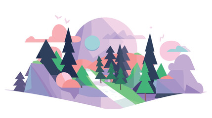 Colorful landscape with geometric trees and mountains in pastel tones