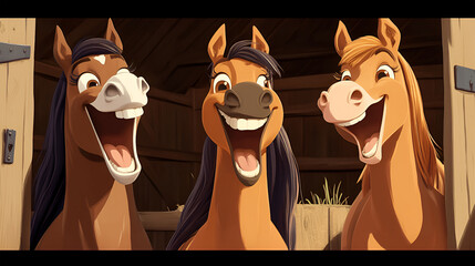 illustration three horses stand in the stable and neigh with open mouths
