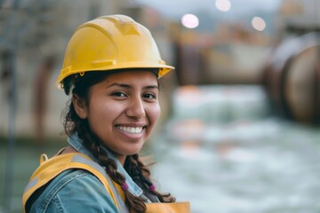 Portrait of a smiling young Hispanic female engineer at hydroelectric plant