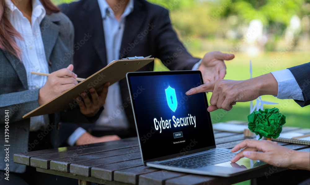 Poster cyber security system on computer screen protect private information brisk from hacker and cyber att