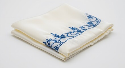 Embroidered Elegance: A finely embroidered handkerchief, the cream fabric edged with a detailed floral blue pattern, neatly folded and ready for use, representing vintage charm.