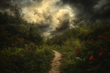 Obraz premium A photo of a welldefined path cutting through a dense forest with cloudy skies overhead A storm as seen from the edge of the forest .