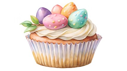 A cupcake decorated with cream and chocolate.