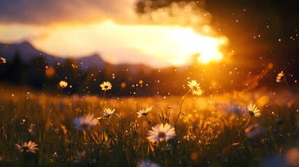A magical wild daisy meadow under the soft light of a golden sunset, the flowers gently bending in the breeze, creating a serene and calming atmosphere.