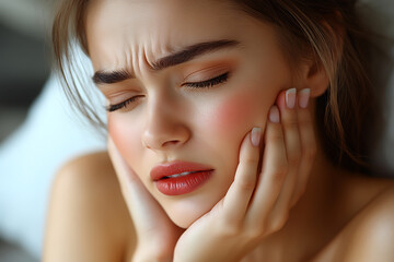 Realistic image of a person gently holding their painful cheek, clearly expressing a toothache.