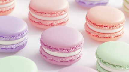 Obraz premium A cluster of macaroons arranged on a white table with frosting as the background