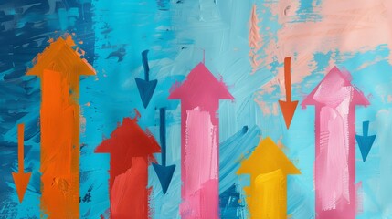 Abstract Arrow Chart: Market Trends - Colorful abstract painting depicting upward and downward trending arrows, symbolizing market fluctuations or progress