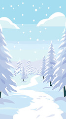Obraz premium Snowy winter landscape with snow-covered pine trees and falling snowflakes