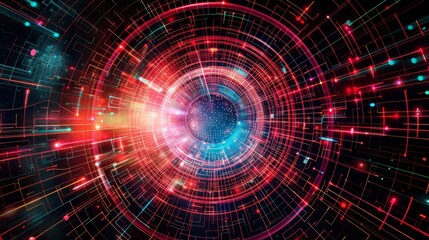Abstract Network Tunnel - Vibrant red and blue glowing lines forming a circular tunnel, depicting a futuristic network