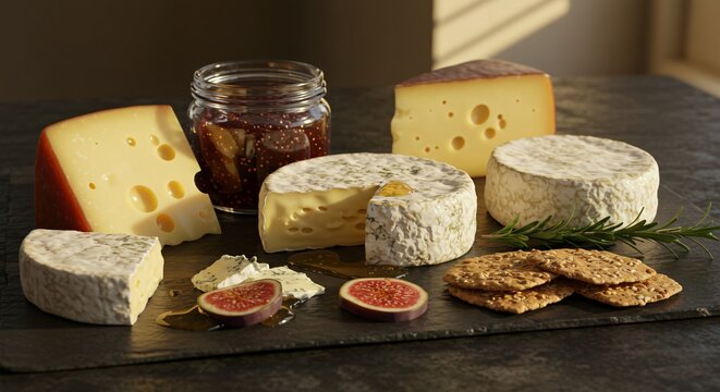 A gourmet cheese board featuring various cheeses, figs, crackers, and a jar of fig jam or preserve