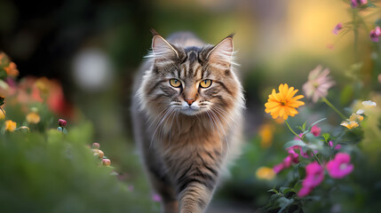 a cat strolls through a flower meadow