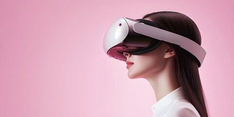 Woman wearing a virtual reality headset against a pink background in profile view.