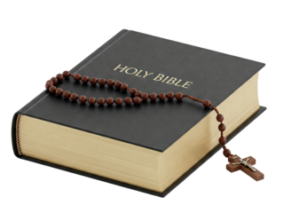 closed bible with a rosary with a cross on a transparent background