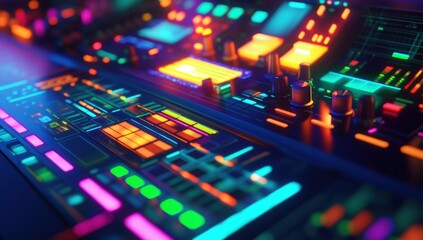 Futuristic DJ mixing console with vibrant, glowing controls