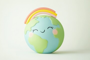 Obraz premium A happy cartoon Earth with a rainbow, symbolizing environmental care and optimism for a sustainable future.