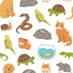 Seamless pattern with cute pets: cat, dog, rabbit, guinea pig, hamster, rat, parrot, fish, snake, turtle, lizard and snail. Cartoon domestic animals. Vector flat illustration on white background