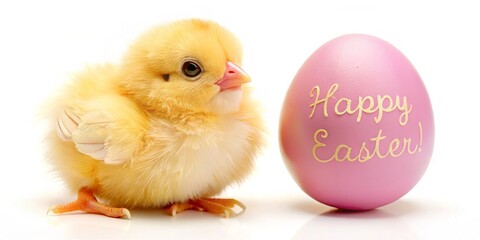 Bright yellow chick sits next to a pink egg decorated with the words Happy Easter, symbolizing joy and renewal during the spring season and festive celebrations