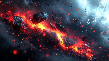 Fiery Rocks and Lightning Storm Digital Art