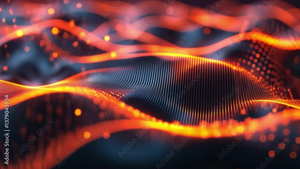 Poster dynamic abstract waves glowing orange and red particles create energetic visual depth and movement i