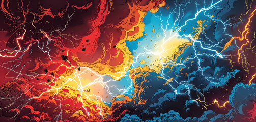 Celestial Clash - Dynamic comic book illustration of a clash between fiery and icy celestial forces, symbolizing conflict, power, nature, chaos, and transformation