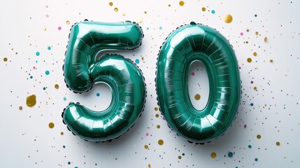 Emerald green foil balloons forming the number 50, confetti