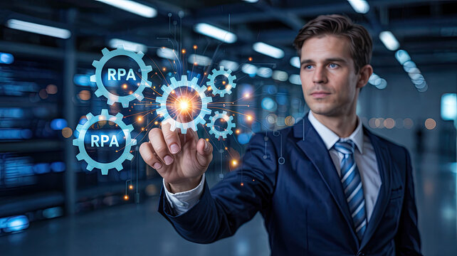 Embracing Innovation: A focused business professional interacting with a futuristic user interface displaying Robotic Process Automation (RPA) cogs, in a technological and modern workspace.