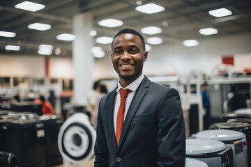 Fototapeta premium Portrait of happy African American salesman standing in appliance showroom