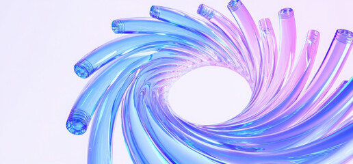 3d crystal glass circle of holographic blue pink gradient lines. Abstract background wallpaper with round speed motion effect. Render digital tech banner with rainbow curve wave ring. 3D illustration
