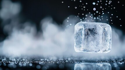 Obraz premium An ice cube on a reflective surface with water droplets