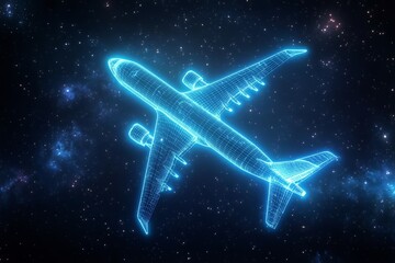 Futuristic Airplane Graphic in Neon Colors Against Cosmic Background With Glowing Stars