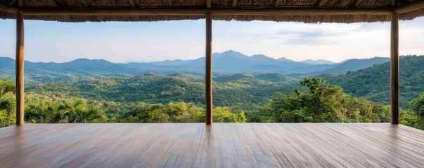 Fototapeta premium Digital Detox Retreats, A serene view from a wooden deck overlooking lush green mountains, showcasing nature's beauty and tranquility.