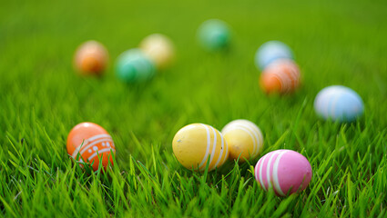 Fototapeta premium Brightly colored Easter eggs lie scattered across lush green grass. This lively scene captures a festive and cheerful atmosphere during a spring holiday celebration