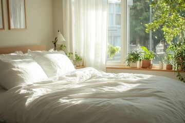 Bright and cozy bedroom with plants and morning sunlight streaming through the windows