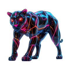 Cybernetic Panther with Glowing Neon Lines Isolated on Transparent Background
