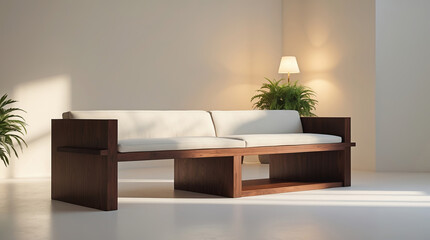 Modern wooden sofa creates a cozy living area with soft lighting and plant accents in a stylish interior space