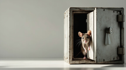 Mouse peeking out from an old safe in a well-lit room during the day