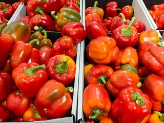 Raw juicy red bell pepper on the shelf in the supermarket. Sweet pepper on grocery store display.
