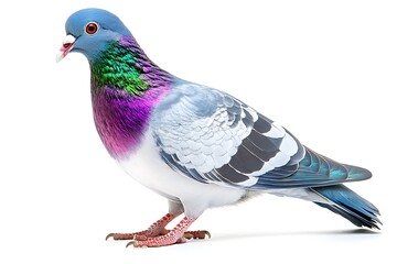 A beautifully colored pigeon with a mix of blue, green, and purple feathers, sharp clarity and soft shadows, ultra-HD, isolated on solid white background.