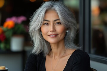Obraz premium Attractive Asian woman with gray hair sitting at a table in a modern cafe. She enjoys a cappuccino. In the background is a coffee shop, flowers on the table. Advertising banner
