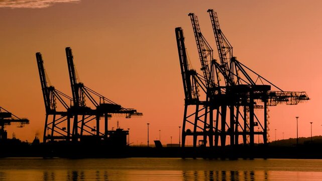 Shipping cargo cranes silhouettes at sunset