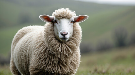 Fototapeta premium Sheep standing on a green hillside with a calm expression and fluffy coat in the countryside during daylight