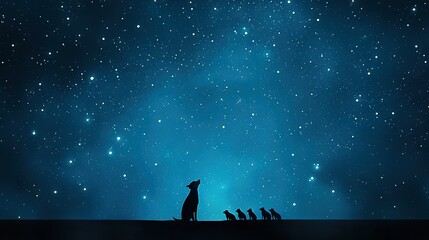   A dog standing in front of a flock of birds beneath a star-studded night sky