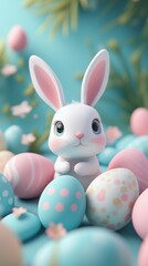 easter bunny and easter eggs simple background in kawaii 3d render style, cute, pastel colors, space for text