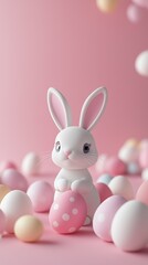 easter bunny and easter eggs simple background in kawaii 3d render style, cute, pastel colors, space for text