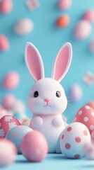 easter bunny and easter eggs simple background in kawaii 3d render style, cute, pastel colors, space for text
