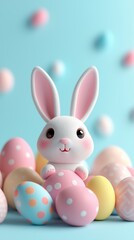 easter bunny and easter eggs simple background in kawaii 3d render style, cute, pastel colors, space for text