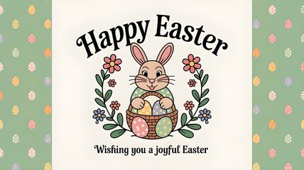 Cute Happy Easter Greeting Card with Bunny and Eggs