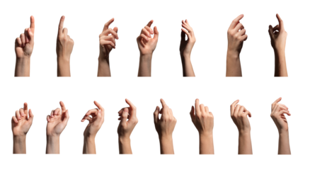 Arm gesture collection. Female hand showing different finger movements, index pointing, touching, clicking, picking, choosing, pose for advertising and communication. Isolated on white background..