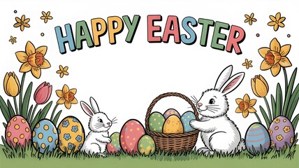 Cute Happy Easter Greeting Card with Bunny and Eggs