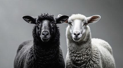 Fototapeta premium Two sheep, one black and one white, stand side by side against a grey background while highlighting their distinct wool textures